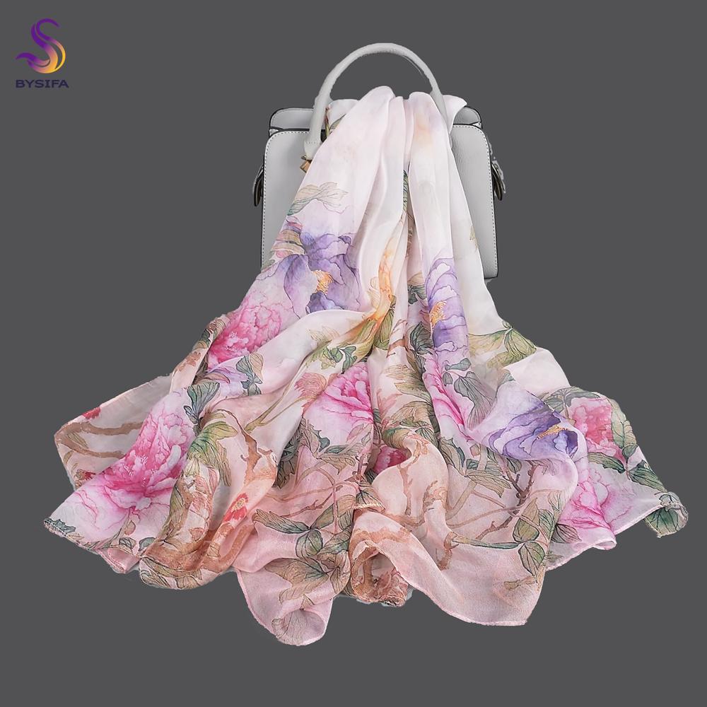 [BYSIFA] Green Beige 100% Mulberry Silk Scarf Cape Summer Floral Design Chiffon Long Scarves Beach Shawl Ladies Scarves Echarpes