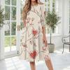 Women's Casual Floral Print Midi Dress Three Quarter Sleeve Round Neck Loose Fit Comfortable Everyday Dress with Pockets