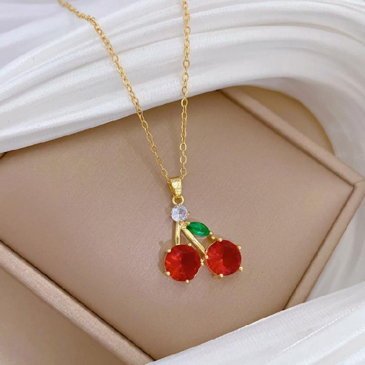 Vibrant Zircon Cherries Pendant Necklace Fashionable Cherries Designs Necklace Zircon Pendant Neckchain For Women