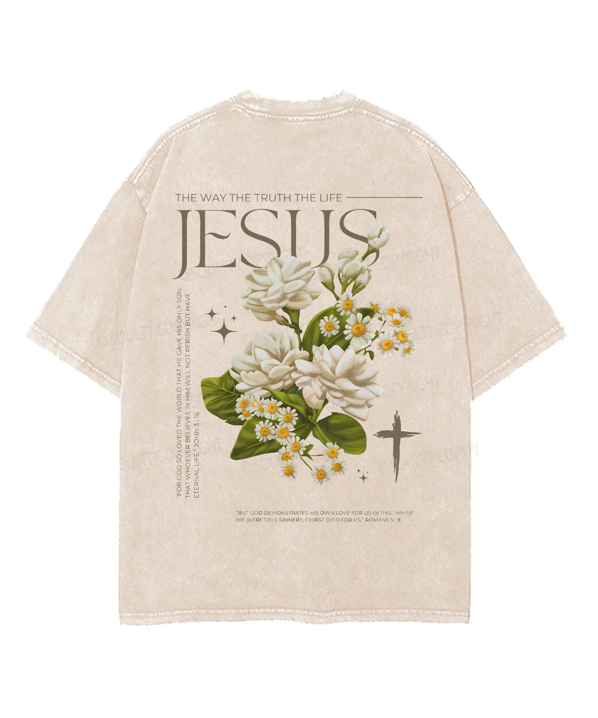 

Jesus Flower Printed Tshirt Harajuku Washed Oversized T Shirt Summer Casual Short Sleeve Cotton Tees Tops Men Women Clothing S