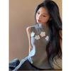 Women Gray 3d Flower Applique Mock Neck Sleeveless Knit Tank Top