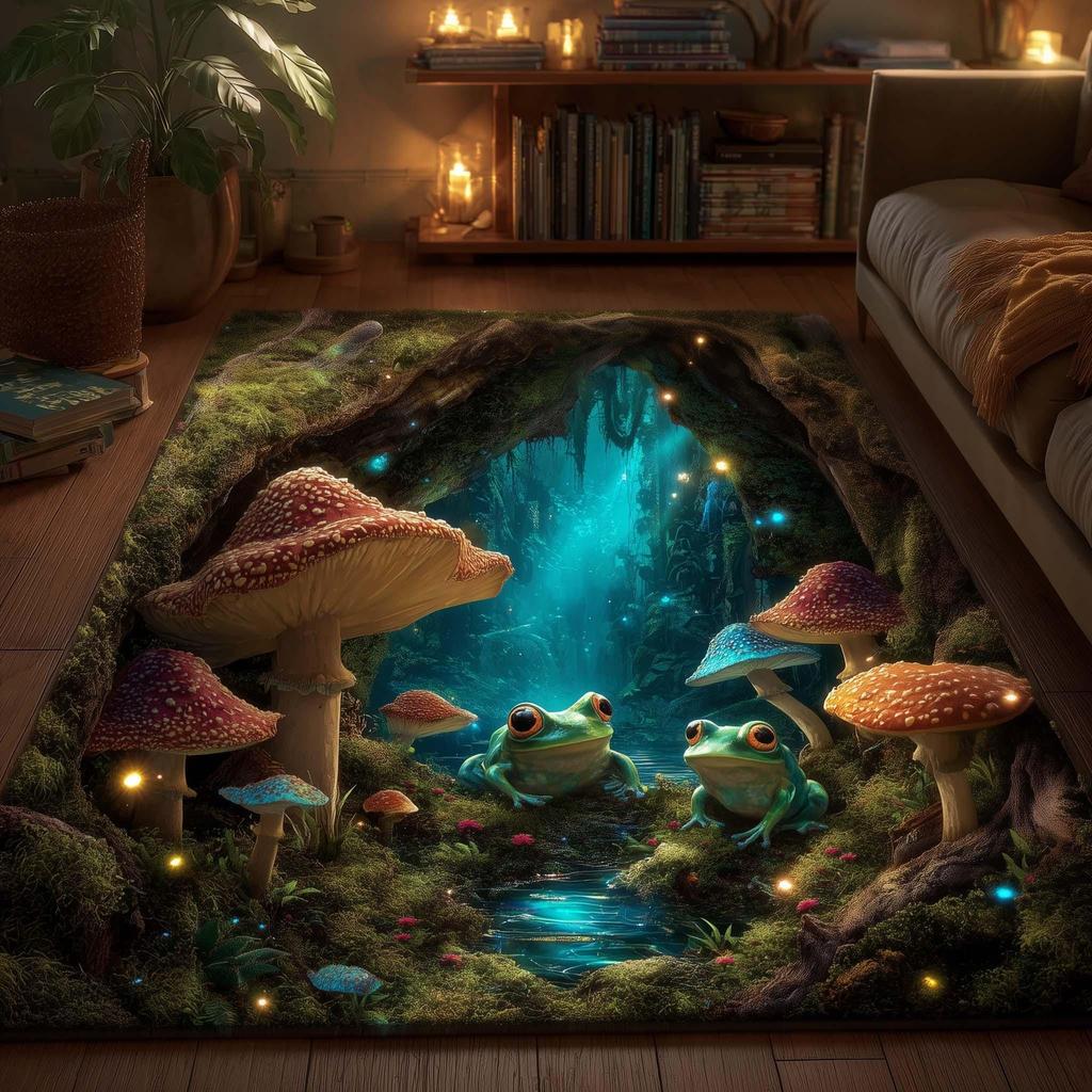 Red Mushroom Stone Hole Printed Carpet Forest Frog 2D Printed Door Mat Living Room Bedroom Home Decor Carpet