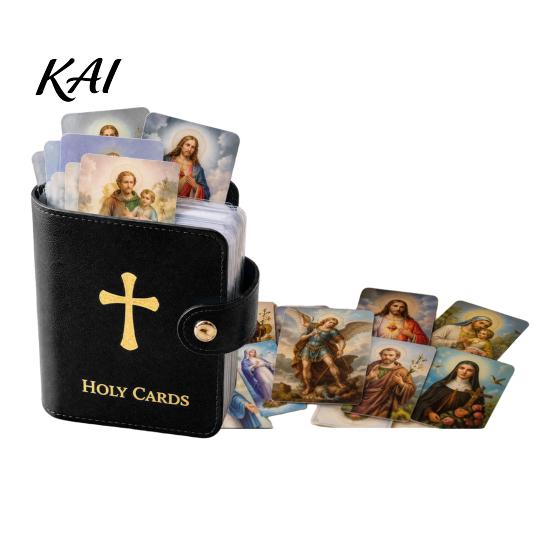 Compact Religious Card Organizer Holy Holder, Faux Leather Prayer Book with Snap Closure, Pocket Group Accessory 54 Cards for Memorial Cards, Holds Up