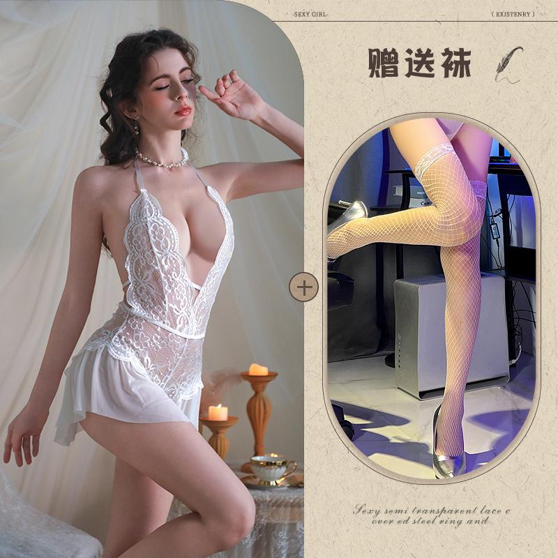 Purple lace sexy lingerie uniform female seduction flirting onesie suspender deep V piece