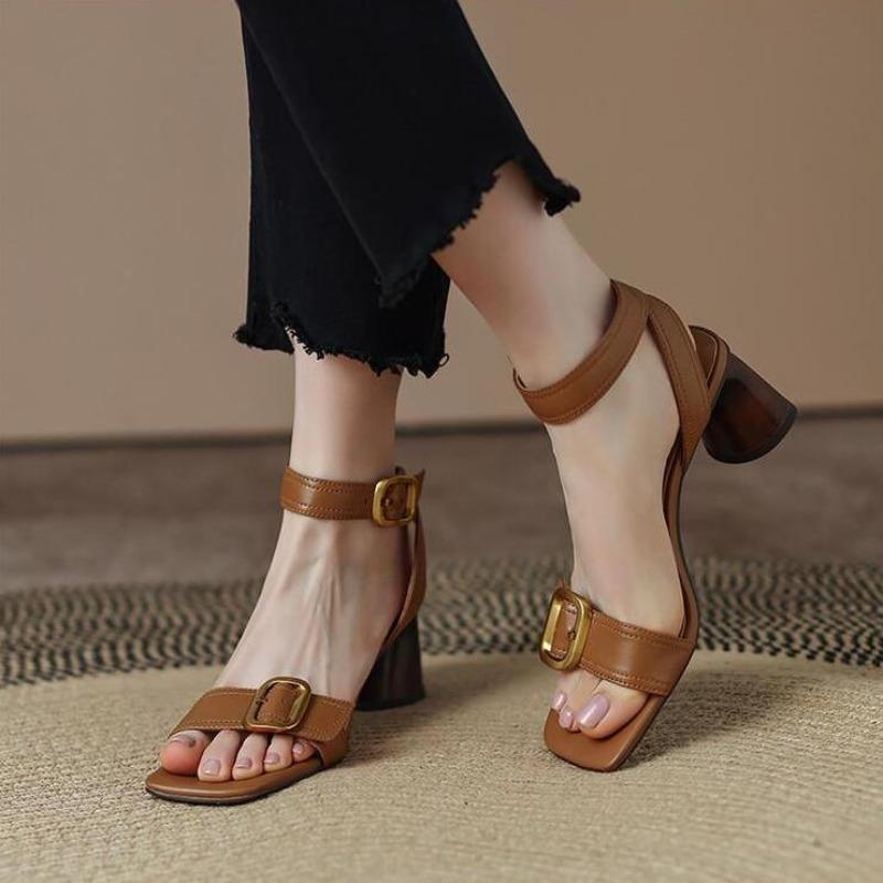 Fashion Ankle Strap Vintage Gladiator Sandals for Women Open Toe High Heels Sandalias De Mujer Belt Buckle Square Heeled Women Pumps