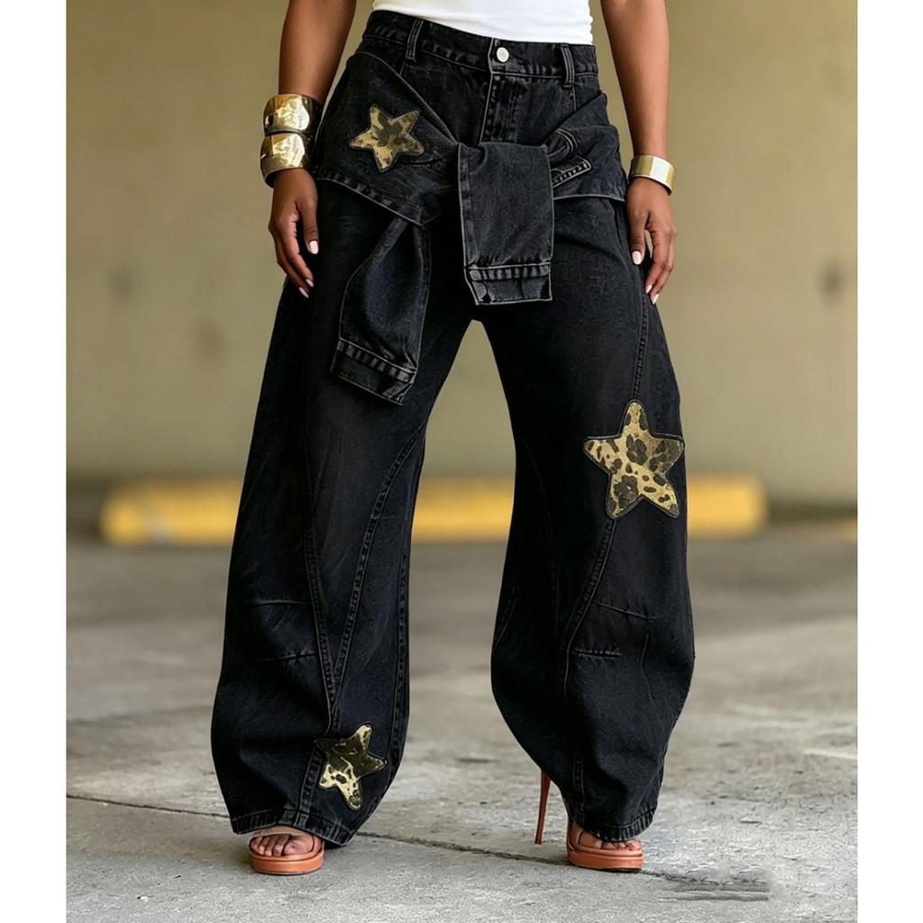 VIONA Damen-Jeans Star Vintage Altblau Gewaschen Baggy Jeans Amerikanisch Locker Weites Bein Hosen Mode Hip-Hop