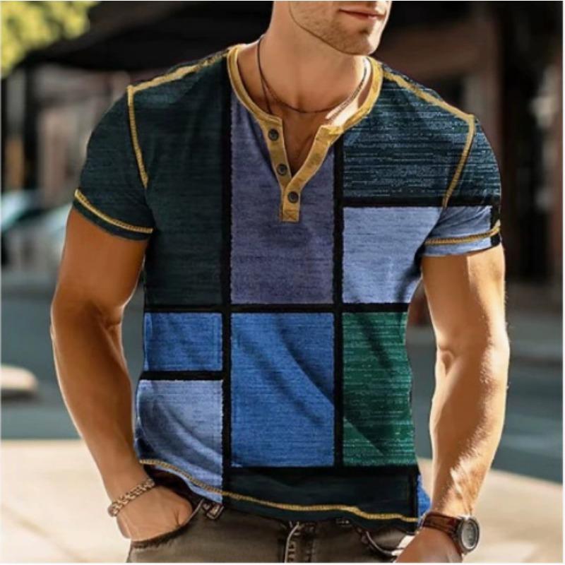 European and American semi-cardigan, casual short-sleeved digital printing slim-fit pullover Henry T-shirt top men's clothing