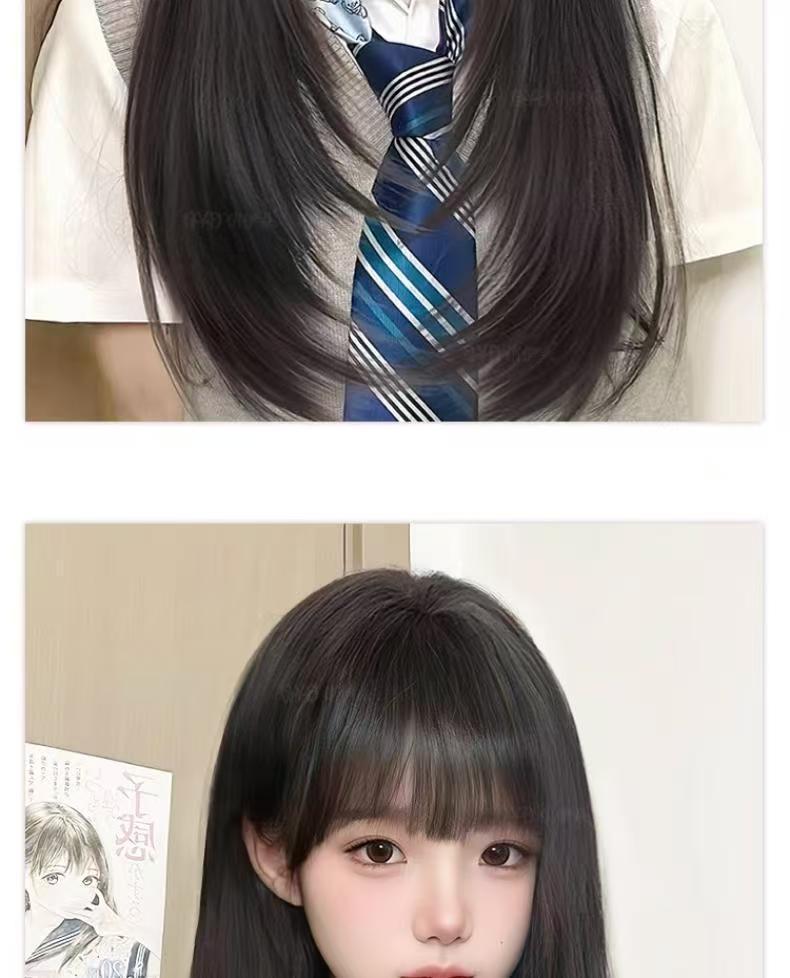 Women's Black Long Straight Wig with High Layer Bangs – Natural Daily Comic Style
