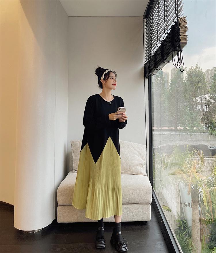 2023 Autumn/Winter Plus Size Patchwork Pleated Long Sleeve Dress for Women