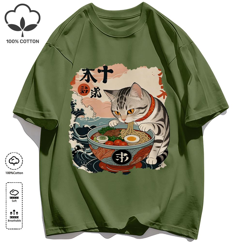 A Cat That Likes To Eat Noodles Print T Shirt Unisex Casual Loose Short Sleeve Summer Soft Clothing O-Neck Unisex Cotton Tee