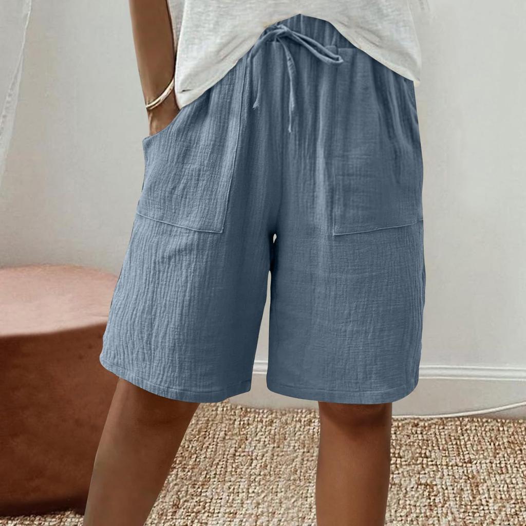 Women's Fashion Cotton-Linen Blend Pocket Elastic Waist Loose-Fit Casual Cropped Pants