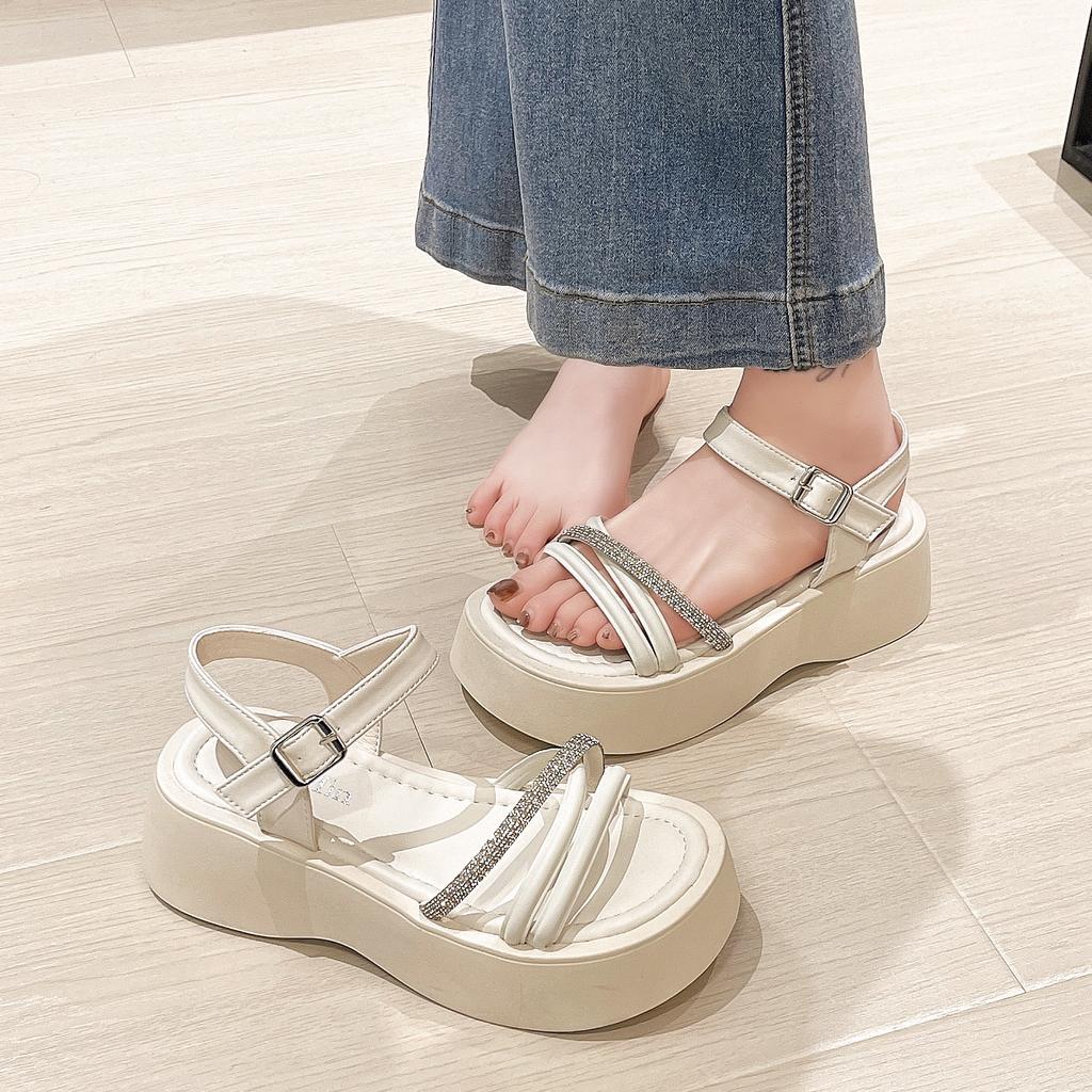 Platform-soled Muffin Fairy Rhinestone Cross-elastic Strap Sandals 2025 Summer Wear Versatile High-heeled Women's Shoes