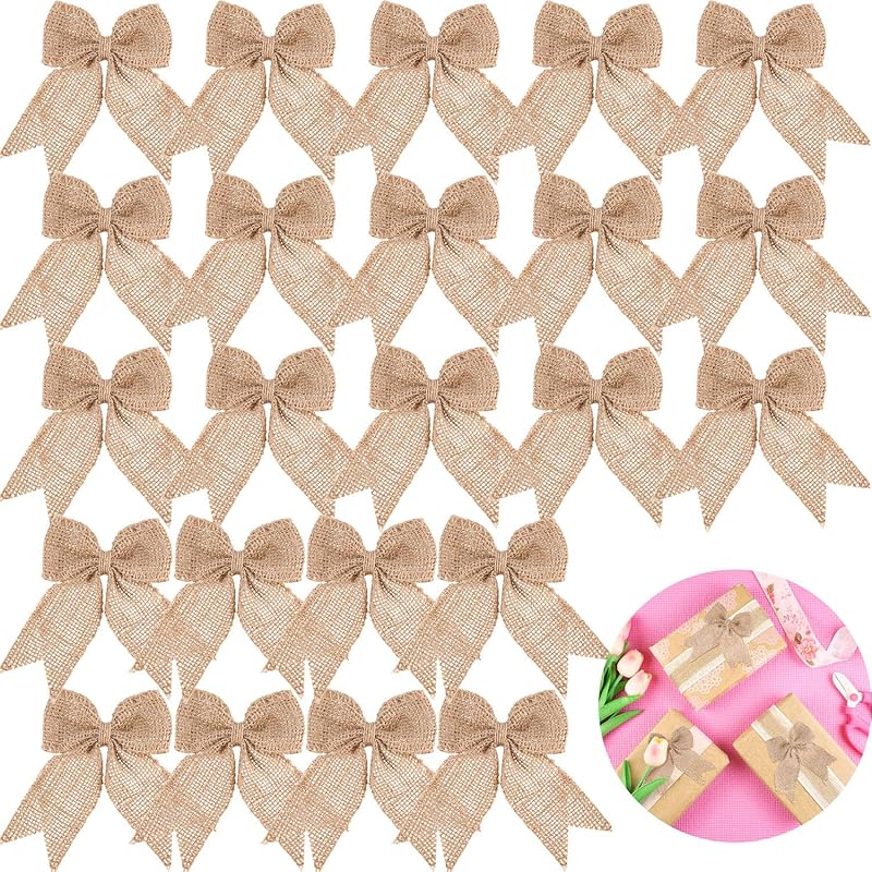 Syhood 30 Pcs Burlap Bows Christmas Knot Handmade Ribbon Natural Rustic Burlap Bows Wreath Decorative Bowknot Ornaments for Christmas Tree Home