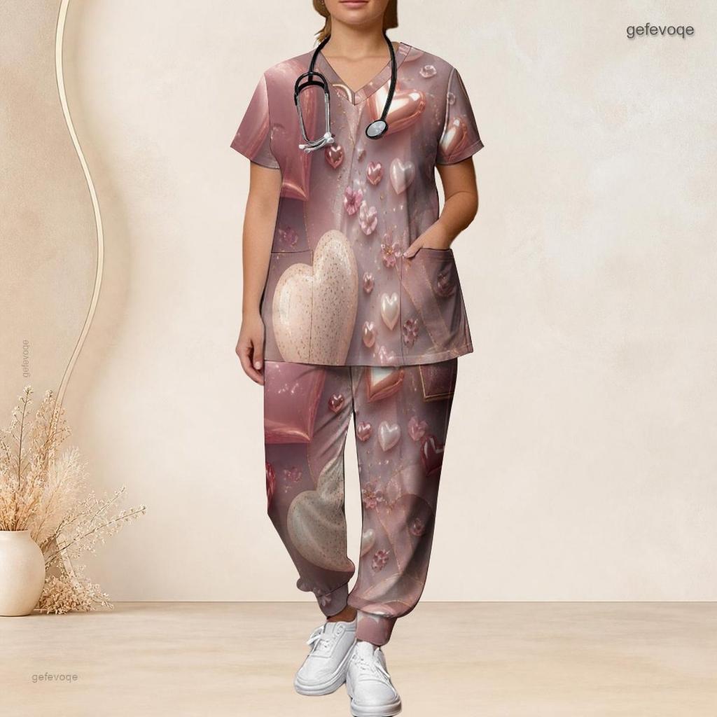 Women Plus Size V Neck Short Sleeve Scrub Set Retro American Flag Star Stripe Print Nurse Uniform Set