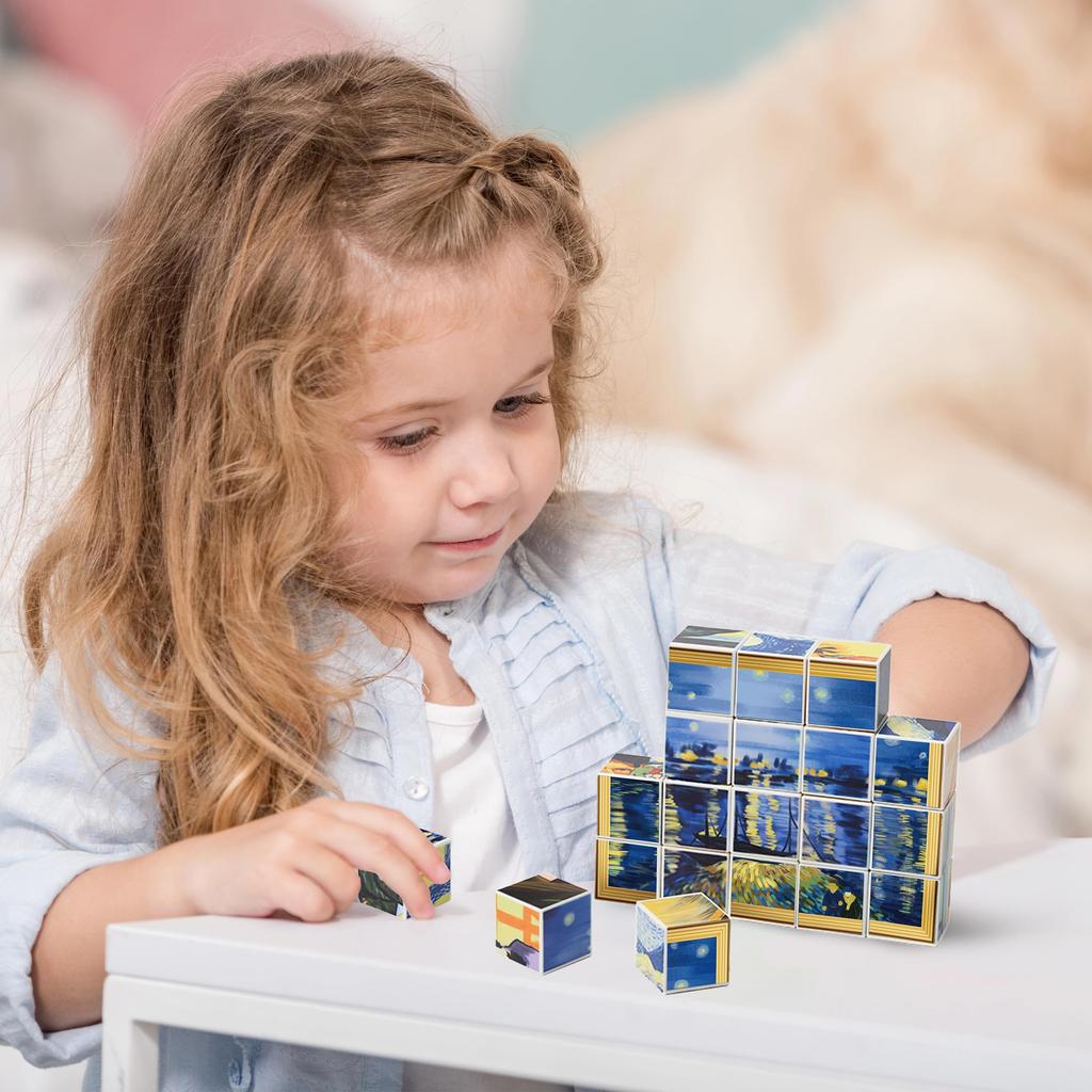 PicassoTiles 1-inch Magnetic Puzzle Building Cube Blocks for Kids, Van Gogh Puzzle, Mona Lisa Hand Puzzle, Kids Toys for Boys and Girls Ages 6+, STEM