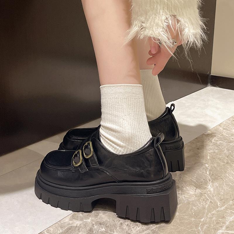 Platform British Style Small Leather Shoes Women's 2024 New Spring and Autumn One-pedal Black Single Shoes Retro Women's Shoes Loafers
