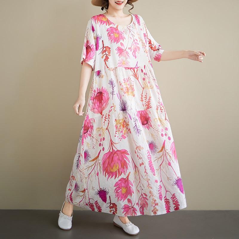 Short Sleeve Plus Size Vintage Floral New In Dresses for Women Casual Loose Long Summer Dress