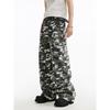 Men's American Retro Hip-Hop Gray and White Camouflage Cargo Pants, Trendy Design Straight-Leg Casual Wide-Leg Pants