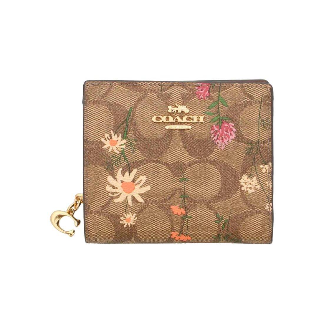 Coach Snap Wallet Classic Monogram Canvas With Leather Wildflower Print Two-Fold Wallet Women Wallet C8734-IME7V Basic Set (Bag+Dust Bag)