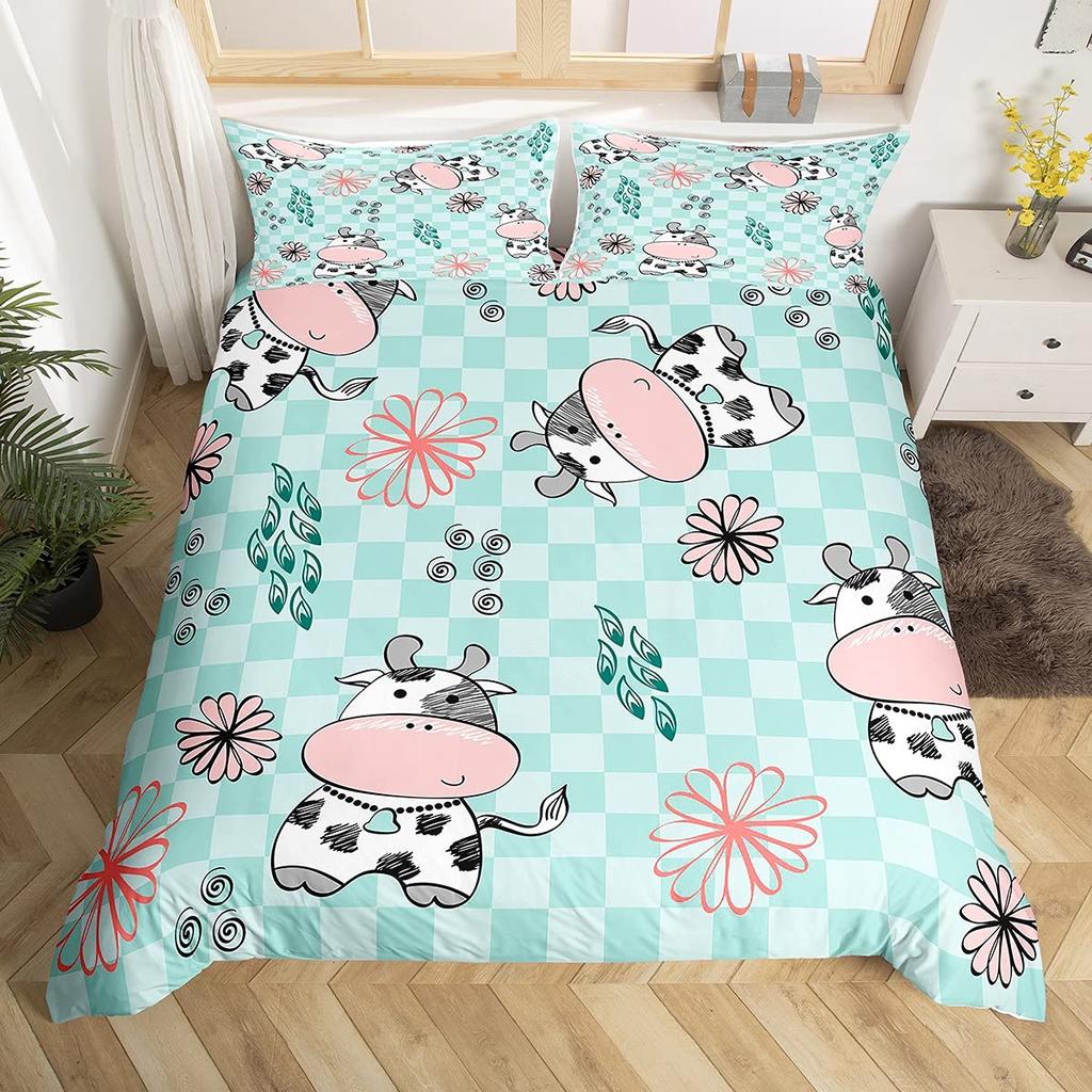 Carton Milk Cow Soft Duvet Cover Ful King Lovely Farm Animal Beding Set Strawbery Flowers Print Warm Comforter Cover Farmhouse Decor