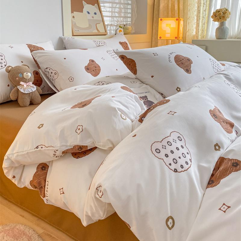 Washed Cotton 4Pcs Dormitory Small Fresh Naked Sleeping 3Pcs Double-Layer Yarn Bed Sheet Quilt Cover