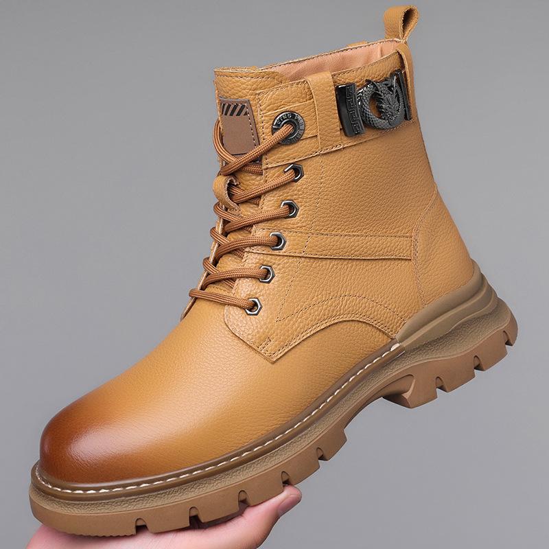 Fashion Cow Leather Winter Warm Wool Platform Boots for Men Fashion Casual Metal Designer High Top Work Shoes Male Black Ankle Boots