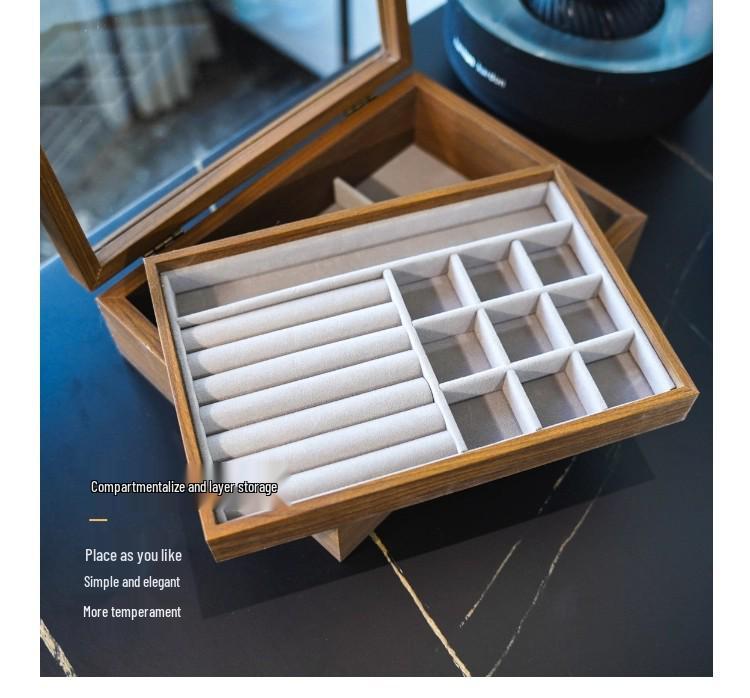 Walnut Grain Jewelry Organizer with Glass Lid - Anti-Oxidation Storage for Earrings, Rings, and Bracelets
