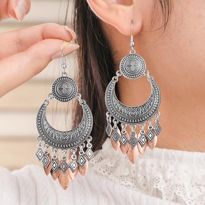 Ethnic Silver Color Water Drop Leaf Tassel Earrings For Women Vintage Creative Carved  Geometric Temperament Earrings Jewelry