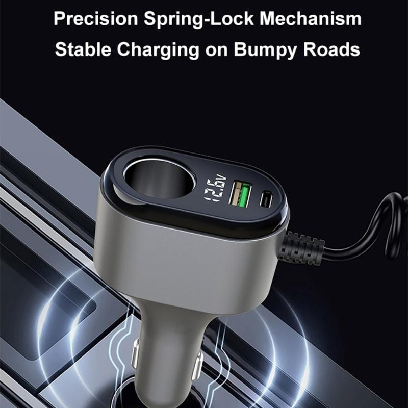 120W Intelligent Car Charger PD65w Fast Charging Adapter with Voltages Display USB A USB C Port Safety Protections