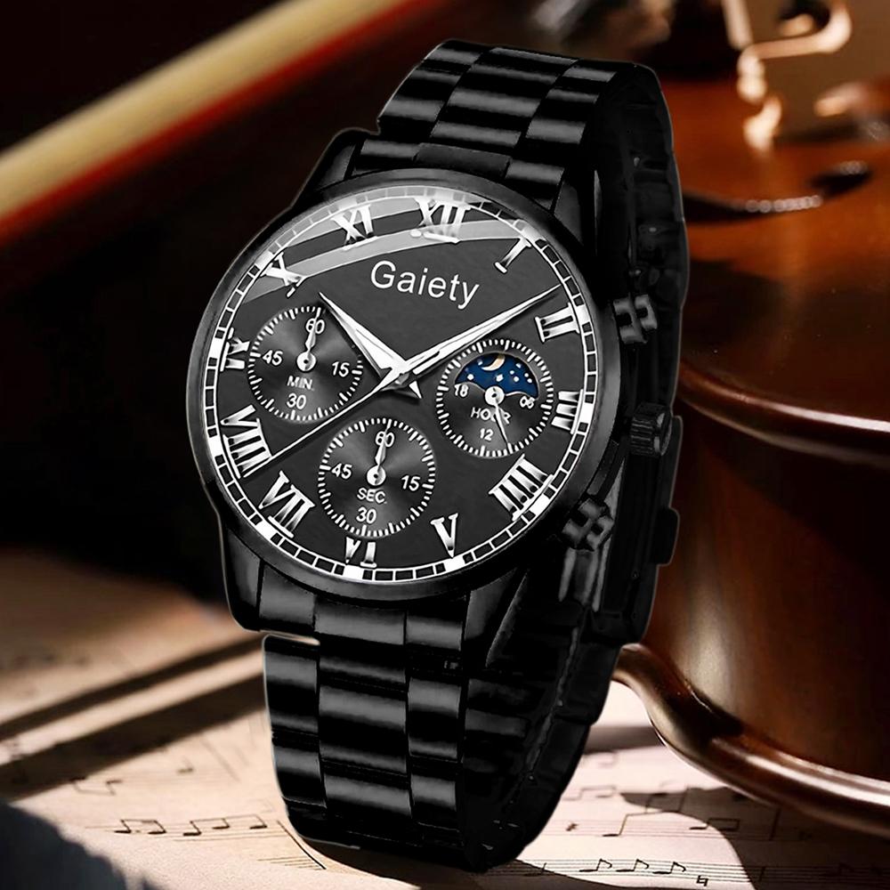 4PCS Black Men's Gift Box Watch Set Trendy Fashion Quartz Watch Bracelet Necklace Ring Set Perfect Gift Set for Friends or Dad