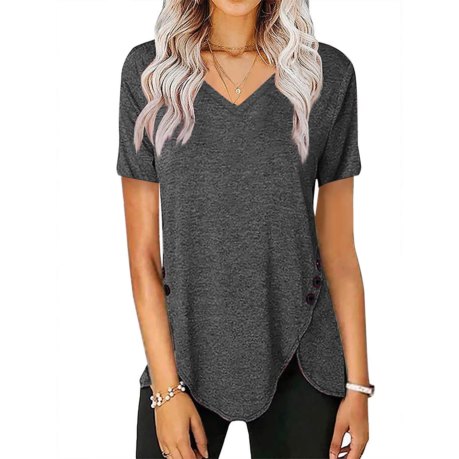 

Женская повседневная однотонная свободная футболка с v-образным вырезом и коротким рукавом S