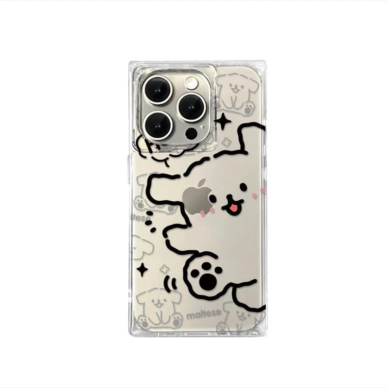 Line Happy Puppy Suitable for iPhone17Pro Apple 16 Square Phone Case 15 Transparent 13 Cute 14/12
