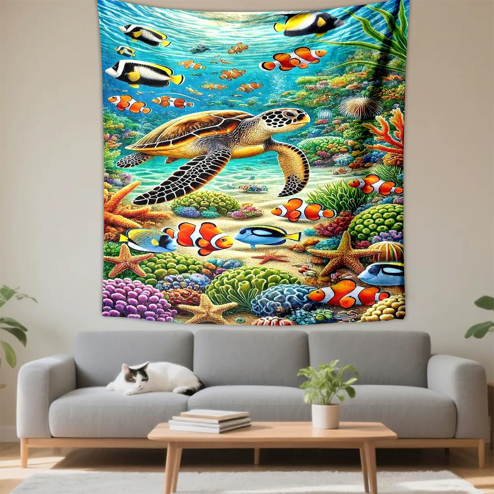 Sea Turtle and Coral Reef Design Patterned Tapestry for Bedroom and Living Room Home Decor