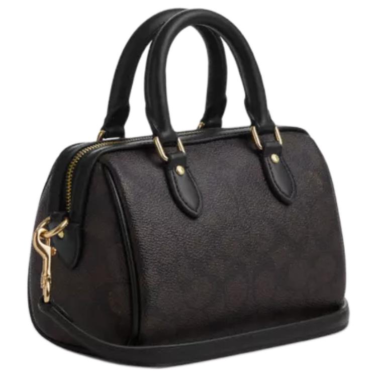 Coach Brown Signature Canvas Mini Rowan Duffle Bag with Leather Trim & Gold Hardware for Daily Use
