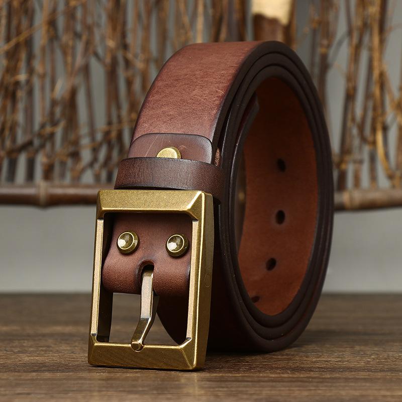 2024 Thickened First-Layer Cowhide Copper Buckle Belt Men'S Genuine Leather Trend Versatile Tough Guy Jeans Belt