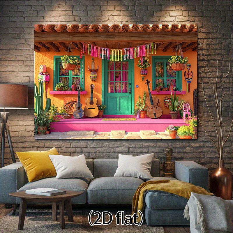 Tissu de fond plat 2D pour le Carnaval Mexicain 1 pièce - guitares colorées, décorations de porte énergiques et motifs de cactus