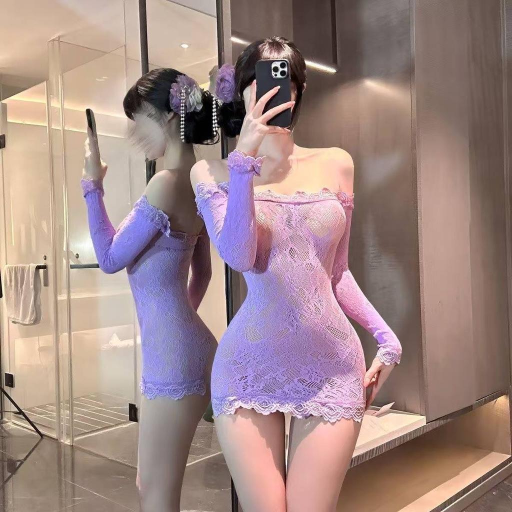Purple Sexy One-Shoulder Lace Nightclub Pure Desire Hot Girl Tube Top Mesh Dress Elegant Sleepwear Mesh Lace Sheer Sexy XHI5