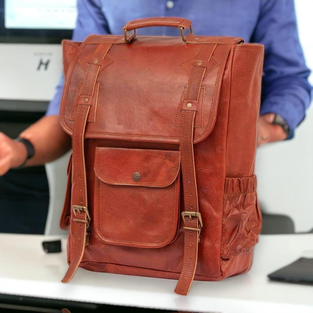 Brown Leather Backpack For Men Vintage Easy Open Push Lock Genuine leather backpack for men/women Leather laptop backpack