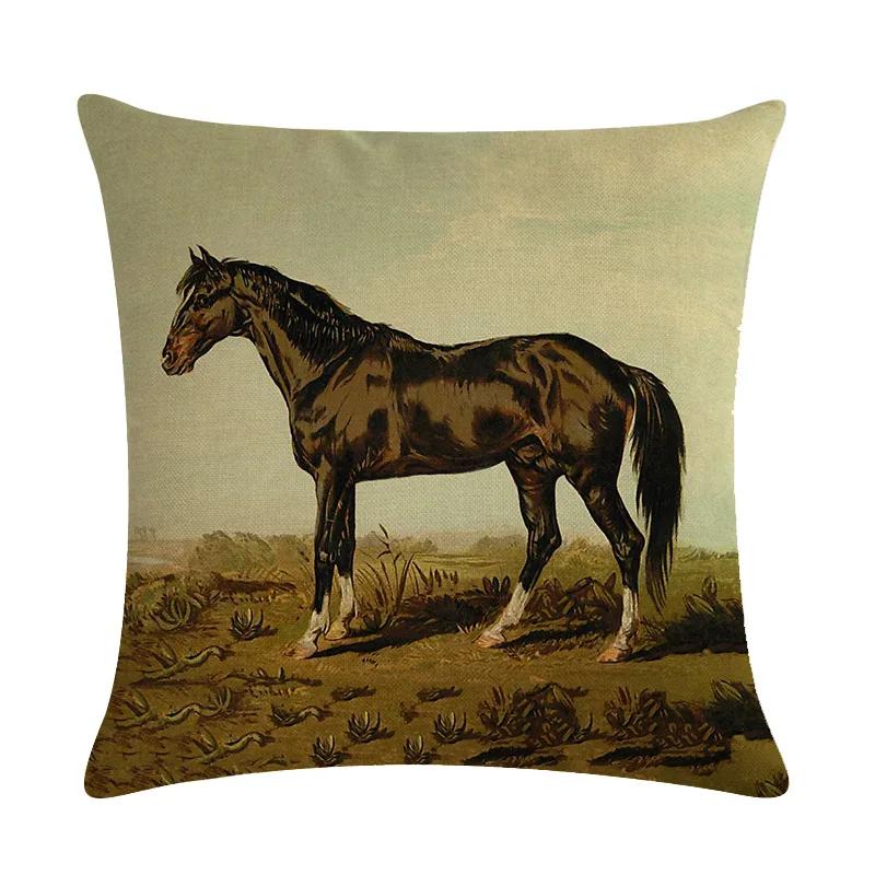 Retro Nostalgische Kunst Pferde-Druck Dekorative Kissenhülle Baumwolle Leinen Haus Auto Sofa Kissenbezug Heimdekoration 45X45cm