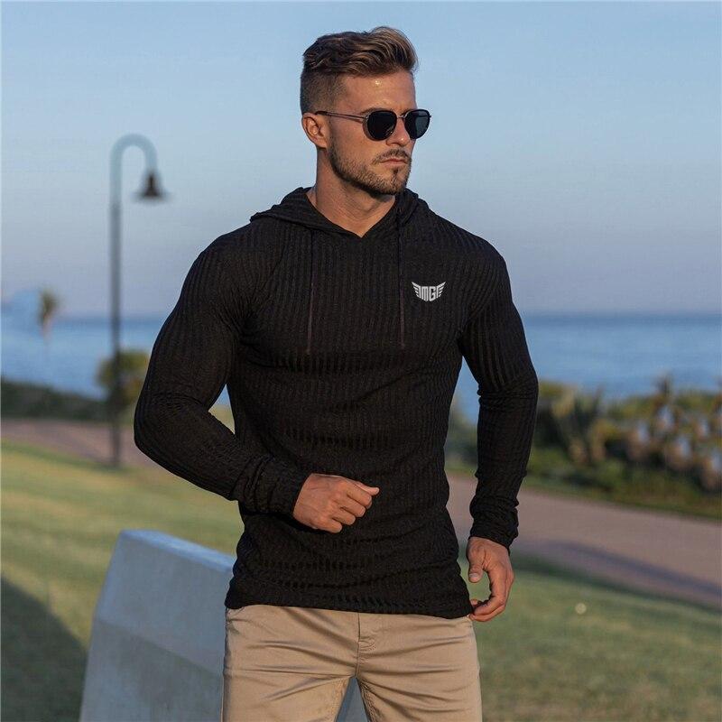 Muscleguys, Новое поступление, модный осенний свитер с капюшоном, мужская тонкая спортивная футболка для фитнеса, красивые удобные топы M чёрный
