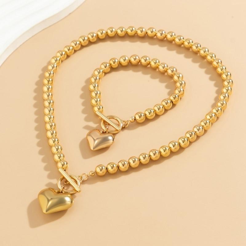 Heart Pendant Bracelet Necklace for Women Wedding Party Jewelry Set Ball Bead Chain Accessories Statement Accessory