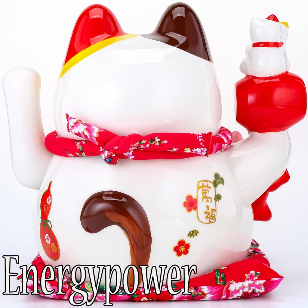 EnergyPower Electric Maneki Neko White Porcelain Large Premium Model with Cushion Porcelain Maneki Neko Handmade Cutely Beckons Cat Cat Cat For