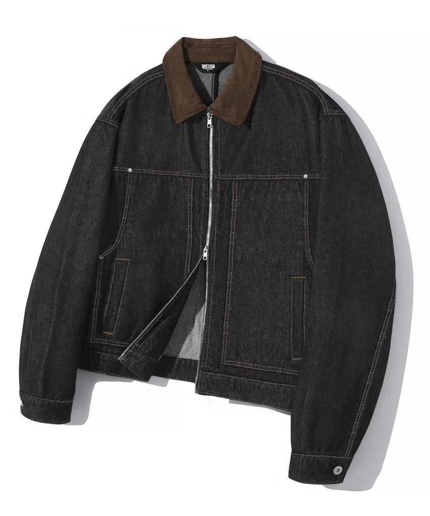 Trillion Corduroy Collar Denim Zip-Up Work Jacket (Black)