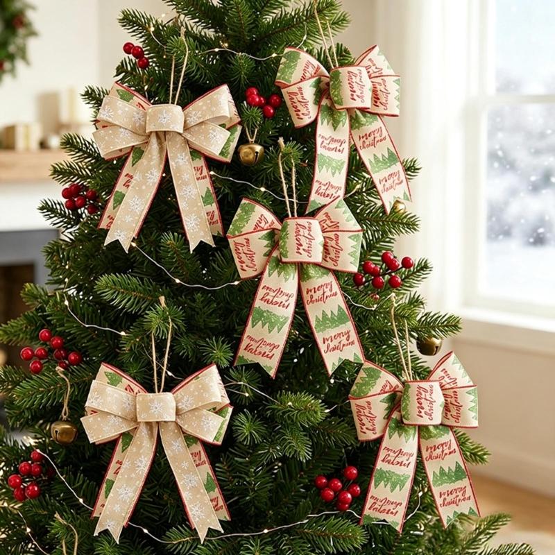 Double Layer Christmas Bowknot Decoration Set of 4 Soft Fabric Ribbon Ornaments with Stitched Center for Seasonal Home Styling