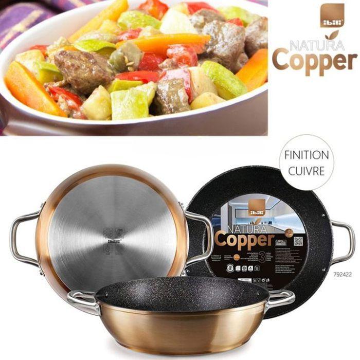 Casserole - IBILI - Nature - 28 cm - Cuivre - Antiadhésif style pierre - Couvercle en verre