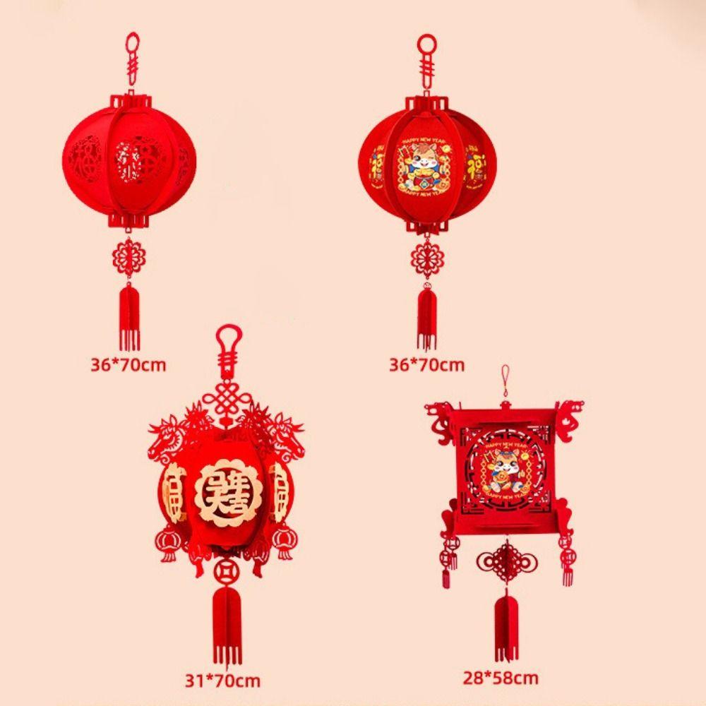 Flocking Cloth Chinese Lantern Red Color With Tassel New Year Decoration Waterproof 3D Puzzle Palace Lantern Spring Festival