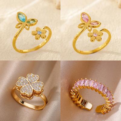 Elegant Zircon Flower Butterfly Rings For Women Gold Stainless Steel Flower Adjustable Ring Wedding Christmas Jewelry Gift