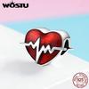 WOSTU 925 Sterling Silver Heartbeat Heart Beads Red Enamel Charms Fit Original Bracelet Heart Charm