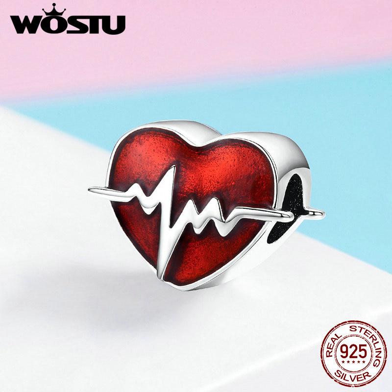 WOSTU 925 Sterling Silver Heartbeat Heart Beads Red Enamel Charms Fit Original Bracelet Heart Charm