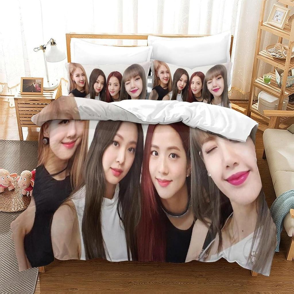 2026 New Star Girl Group JENNIE LISA Bedding Set,Black and Pink Duvet Cover Pillowcase Adult Boy Girl Bedroom Decoration